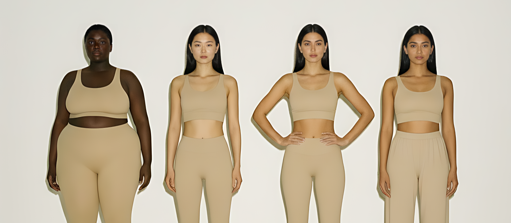 Four women wearing beige tank tops and leggings on a white background